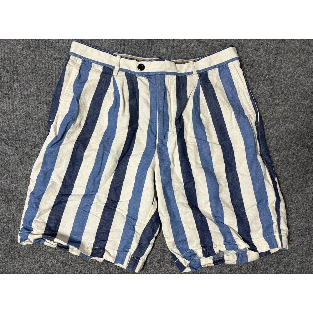 Banana Republic Chino Shorts Mens 32 Blue Stripe Linen Cotton 9